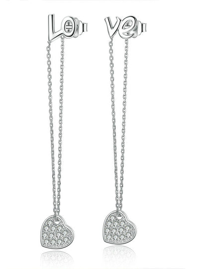 925 Sterling Silver LOVE Long Earrings Heart 