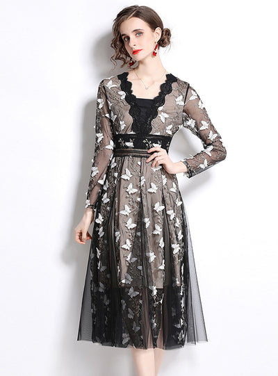 Mesh Butterfly Long Sleeve Embroidered Dress