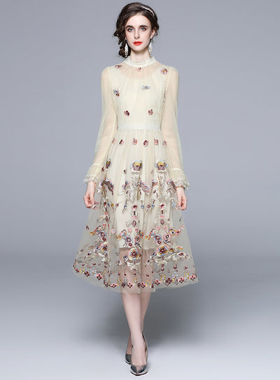 Long-sleeved Gauze Embroidered Dress