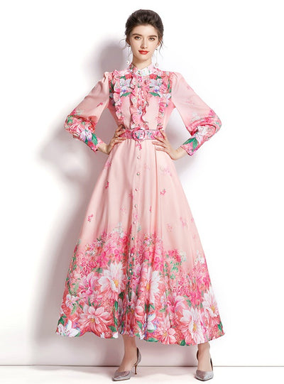 Collar Lantern Sleeve Big Swing Print Dress