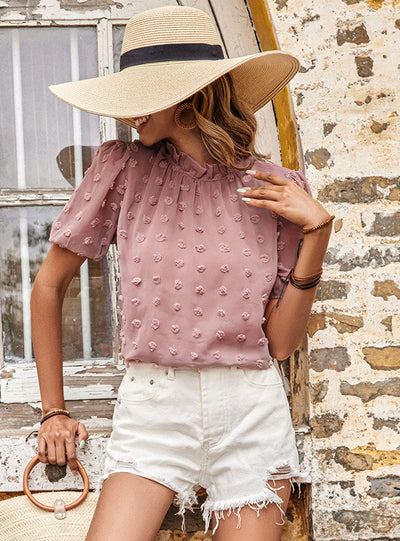 Casual Short-sleeved Pink Chiffon Shirt