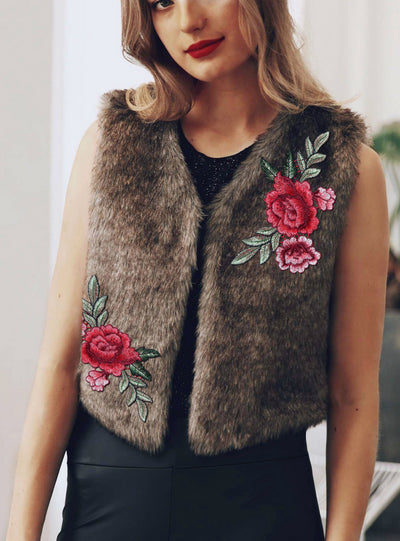 Women's Embroidered Fur Vest Wool Vest