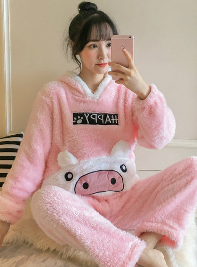 Autumn Winter Gray Pink Pajamas Coral Velvet Suit