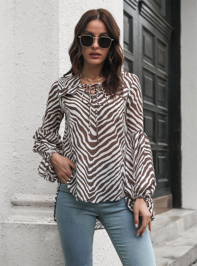 Lantern V-neck Lace-up Long-sleeved Chiffon Shirt