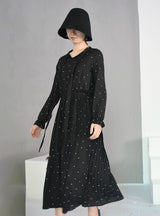 Round Neck Long Sleeve Solid Black Chiffon Dot Loose Dress