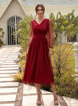 Red Bubble Sleeve Perspective Dress Female