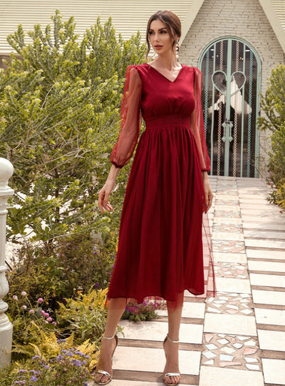 Red Bubble Sleeve Perspective Dress Female