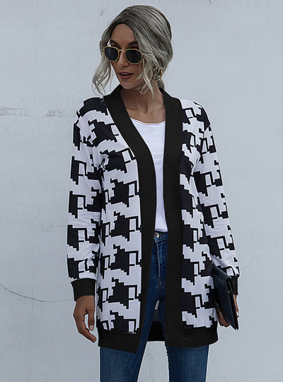 Houndstooth Print Long Sleeve Sweater Coat