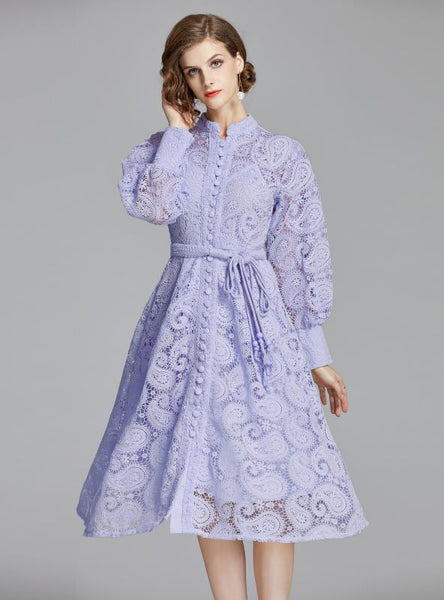 Hollow Lantern Long Sleeve Woven Belt Lace Dress