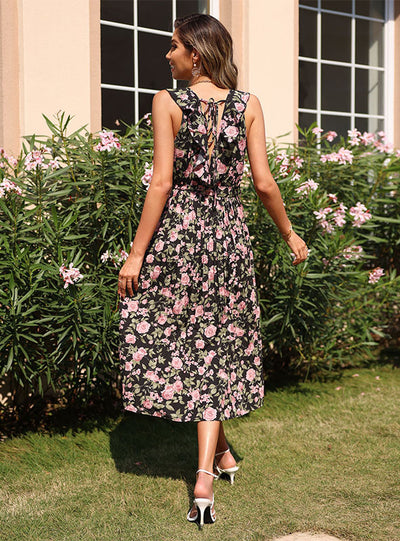 Retro Flower Print Black Long Dress