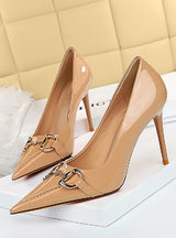 Bright Patent Leather Pointed Metal Buckle Shoes