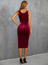 Square Neck Split Velvet Sling Dress