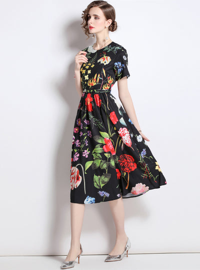 Retro Printed Slim Medium and Long Dress