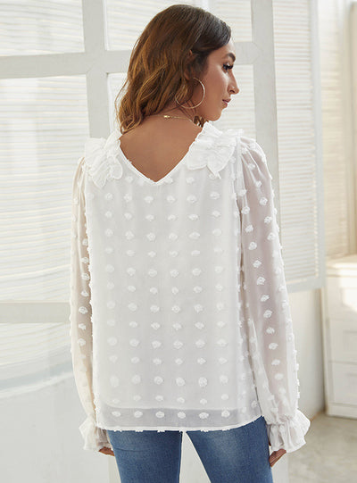 Women V-neck Long Sleeve Chiffon Shirt