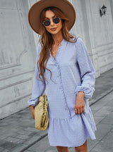 Long Sleeve Ruffled Solid Color Dress