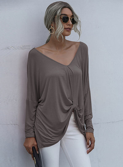 V-Neck Spliced Bat Long Sleeve T-Shirt