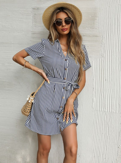 Striped Lapel Short Sleeve Tie-up Shirt Dress