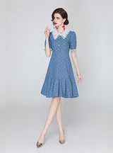 Lace Doll Collar Short Sleeve Denim Dress