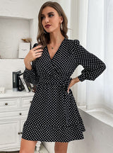 V-neck Lace-up Polka Dot Long Sleeve Dress