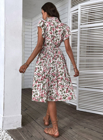 Printed Casual Pleated Lace-up Dress