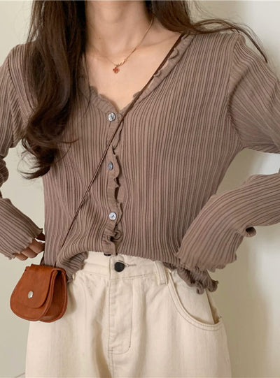 Women V-Neck Thin Cardigan Long Sleeve Button Slim Knitted Sweater