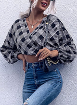 Long Sleeve Plaid Cross V-neck Shirt