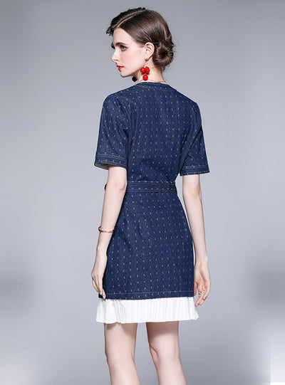 Retro Crewneck Pleated Stitching Denim Dress