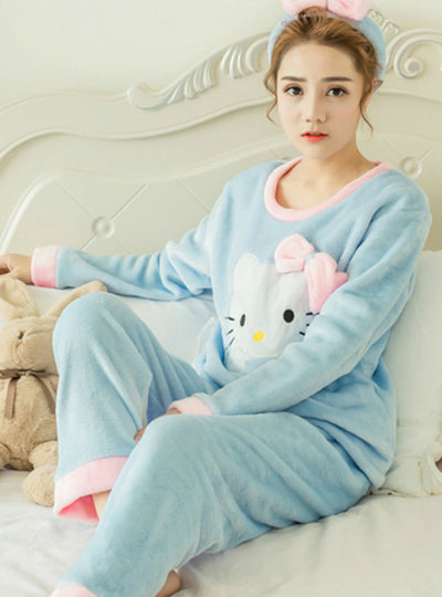 Cat Headband Pyjamas Sets Thick Warm Coral Velvet Suit