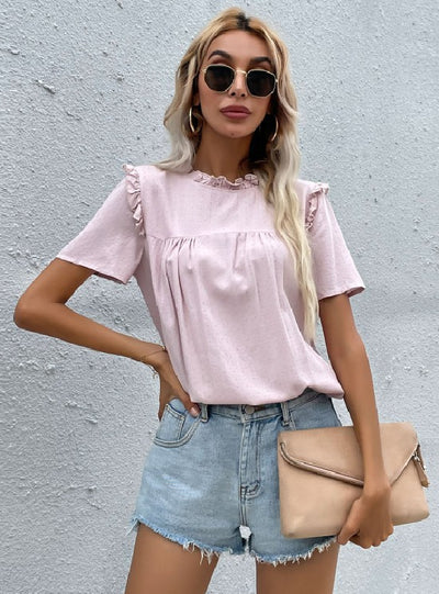 Pink Round Neck Wood Ear Fold Shirt