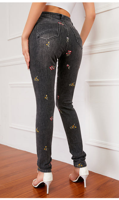 Embroidered Slim Elastic Pencil Pants