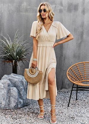 Solid Color V-neck Split Dress