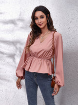 Lantern Chiffon V-neck Long-sleeved Blouse Shirt