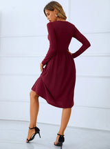 Red Round Neck Long Sleeve Pleated Button Dress