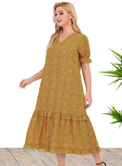 V-neck Short Sleeve Printed Loose Dress