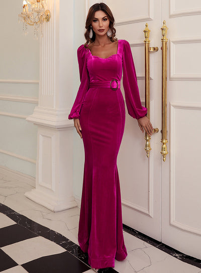 Women's Velvet Long Sleeves Evening Dress