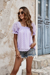 Pleated Puff Sleeves Short Square Neck Chiffon Shirt