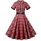 Retro Short Sleeve Plaid Print Dress