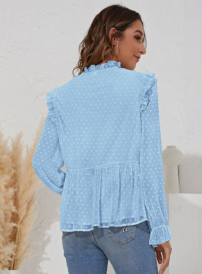 V-neck Jacquard Long Sleeve Ruffled Chiffon Shirt