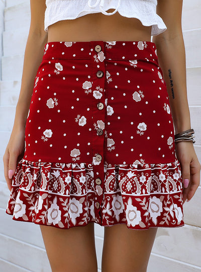 Red Christmas Flounce Print Skirt