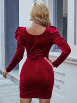 Split Slim Square Neck Velvet Long Sleeve Dress