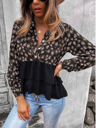 Printed Stitching V-neck Button Top