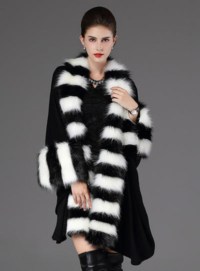 Loose Fox Like Fur Collar Knitted Shawl Cape Coat 