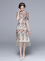 Round Neck Gauze Heavy Embroidery Dress