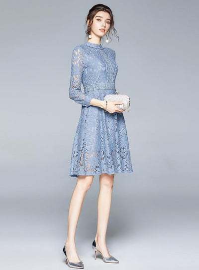 Blue 3/4 Sleeve Collar Openwork Lace Dress