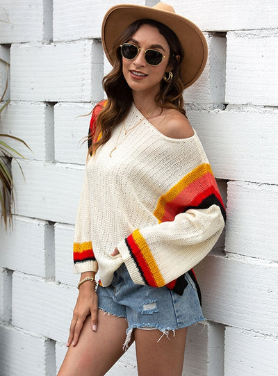 Hollow Beach Stitching Knit Rainbow Sweater