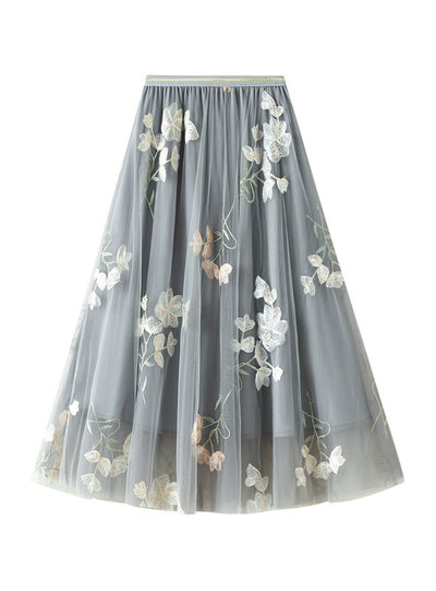 Double-layer Mesh Embroidery Medium-length Skirt