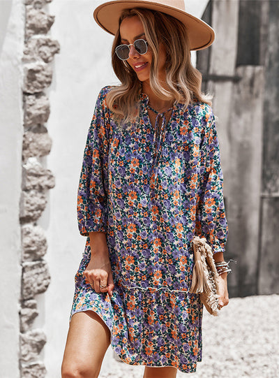 Long Sleeve Leisure Holiday Print Dress