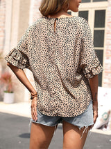 Leopard Print Bat Lotus Leaf Sleeve Print Shirt