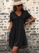 Short Sleeve Lace Stitching Loose Dress