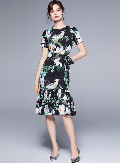 Round Neck Short Sleeve Flower Bird Print Dress